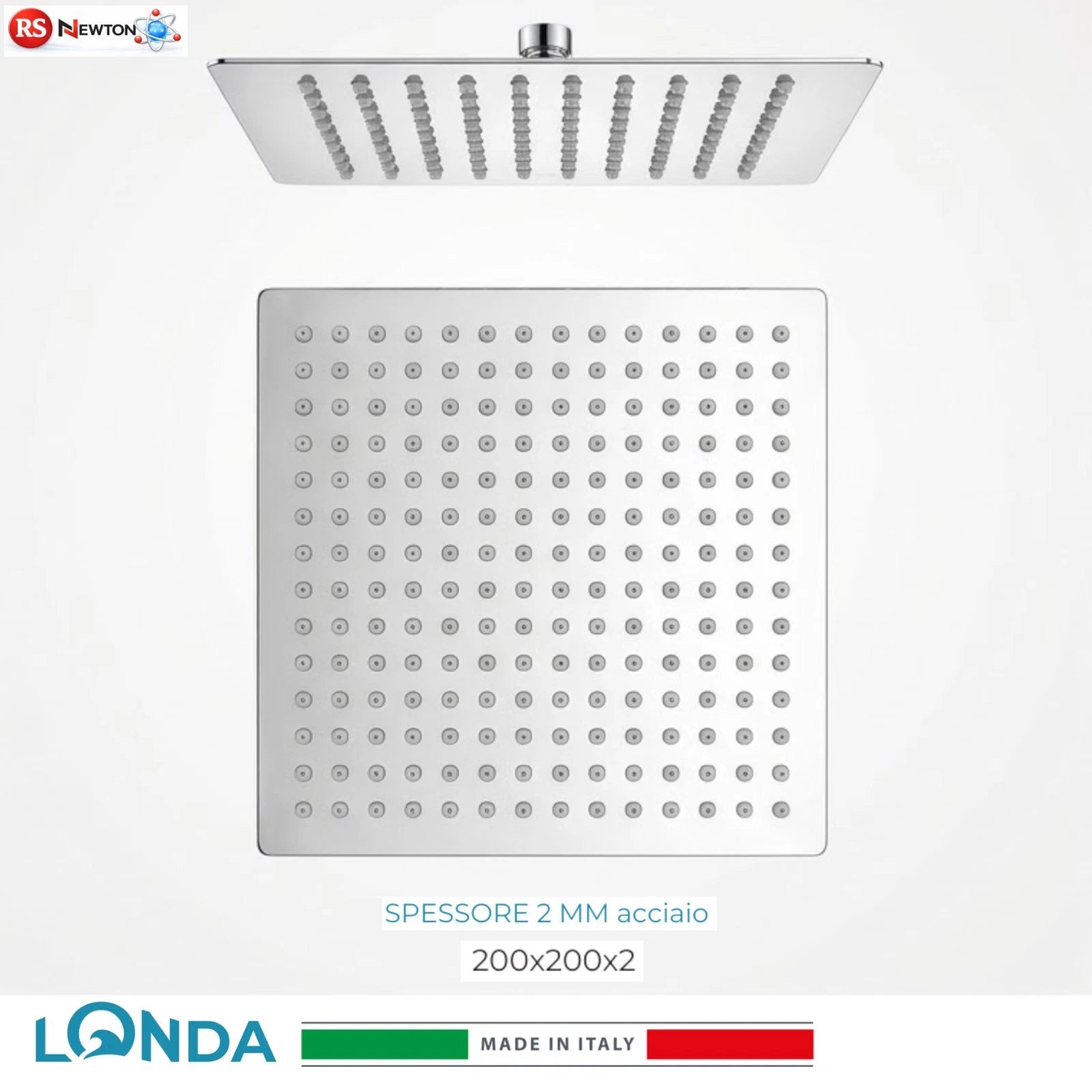 Soffione Doccia Quadrato LONDA 200x200 Acciaio Inox 304 Ultra sottile 2mm G1/2
