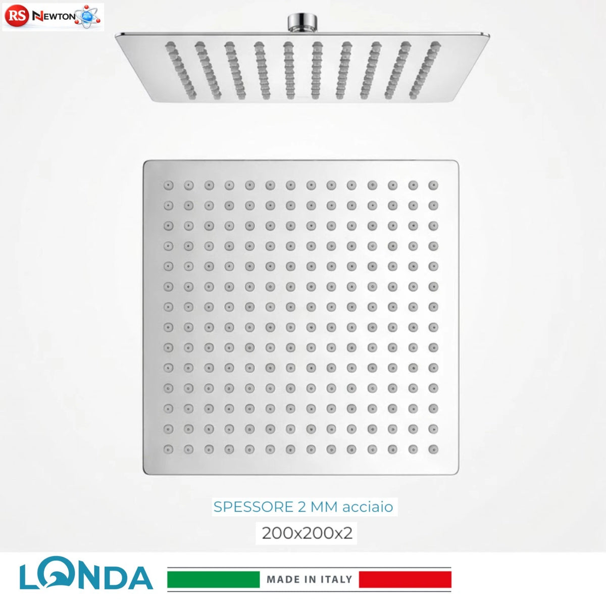 Soffione Doccia Quadrato LONDA 200x200 Acciaio Inox 304 Ultra sottile 2mm G1/2