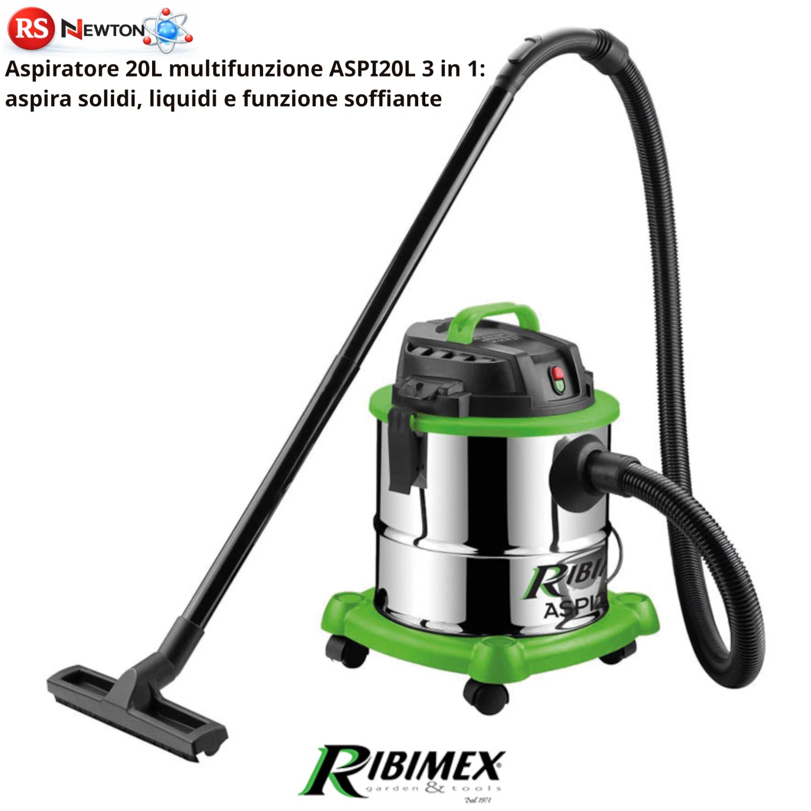 Aspiratore Solidi Liquidi Ribimex 20L 1200W Bidone Acciaio Soffiatore VBS