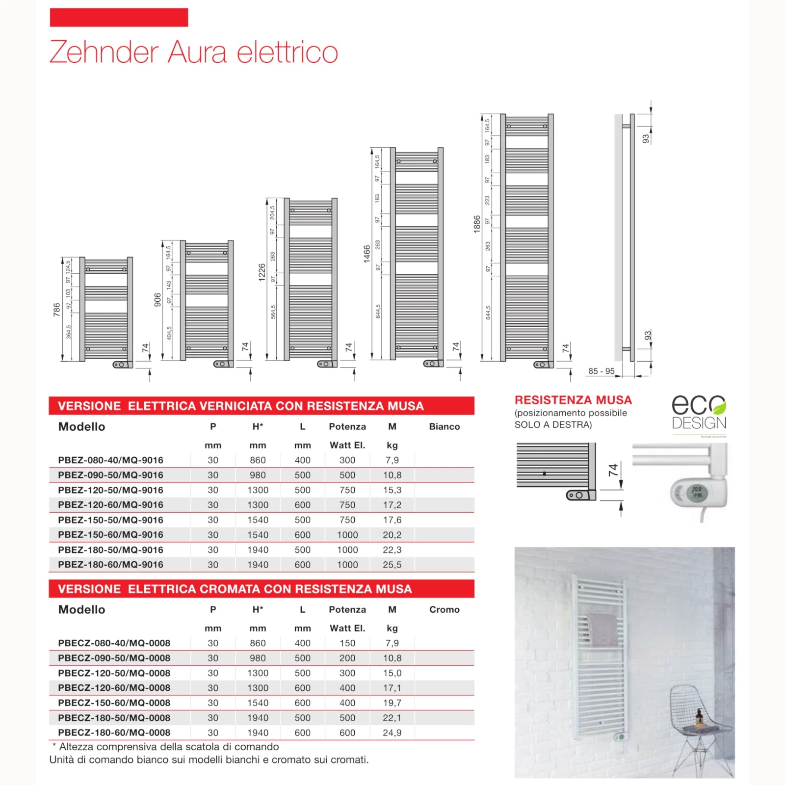 Termoarredo Elettrico ZEHNDER Scaldasalviett<wbr/>e Bagno Bianco Cromo 300W-1000W D.X
