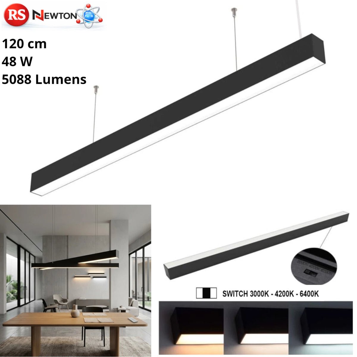 Plafoniera LED Sospesa 48W 120cm Nera Sospensione Cavo Acciaio 5088LM CCT V.L