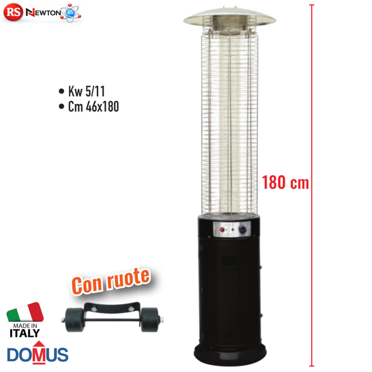 Stufa Gas GPL Domus Round Patio 11 kW con Tubo in Vetro e Ruote Nera H180 cm V.X