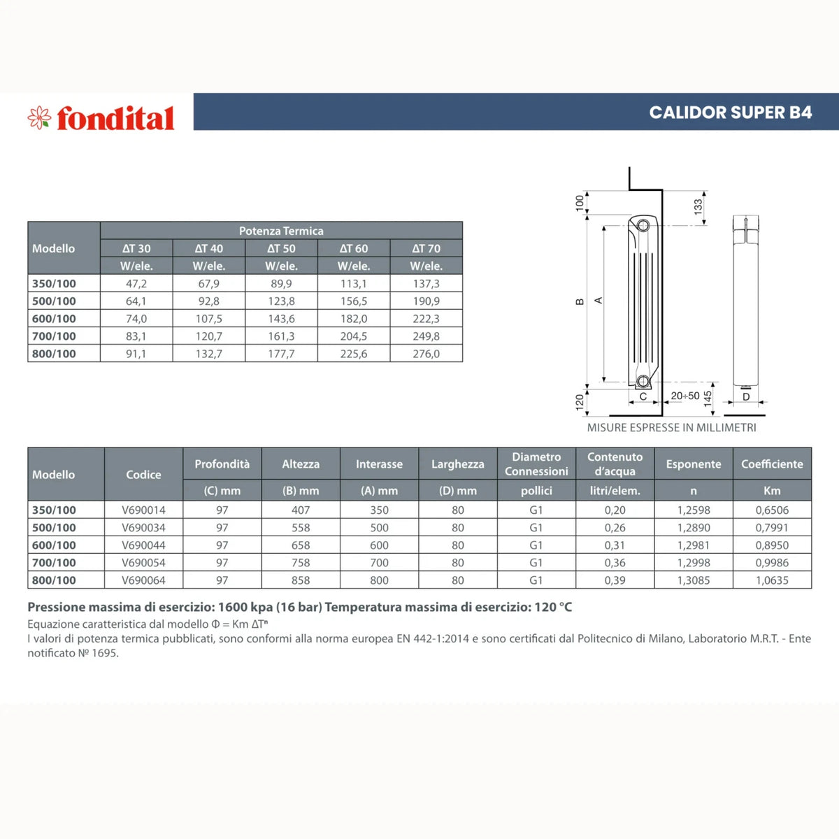 Radiatore Alluminio FONDITAL Termosifone 3-10 Elementi Interasse 350-800 mm D.X