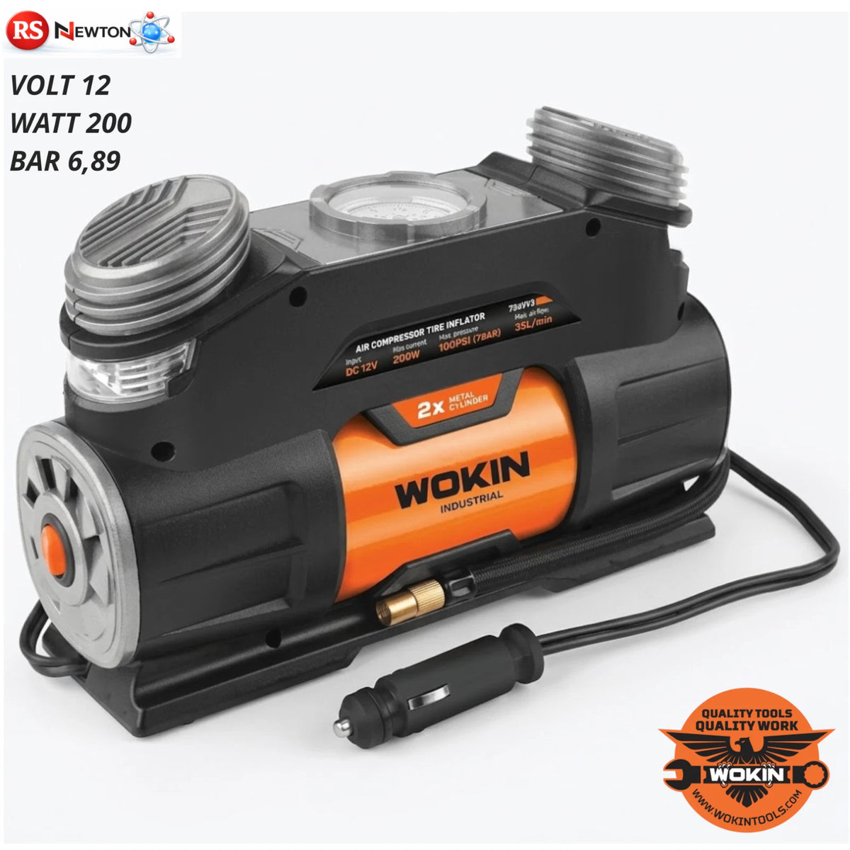 Compressore Auto Moto Bici 12V WOKIN 200W Gonfiagomme con Manometro 0-7 BAR V.X