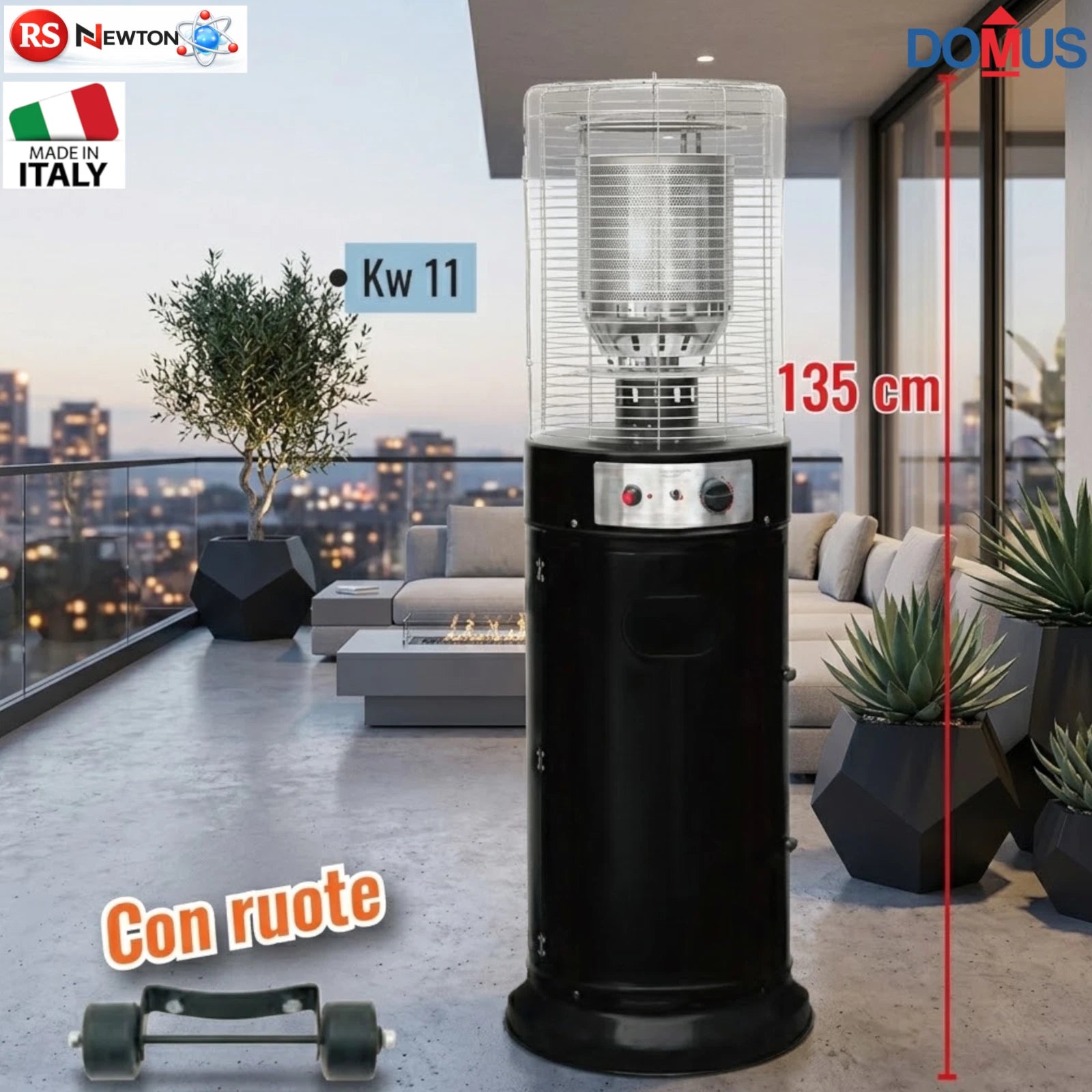 Stufa Gas GPL DOMUS ITALIA Patio 11 kW con Ruote Nero Spegnimento Automatico V.X
