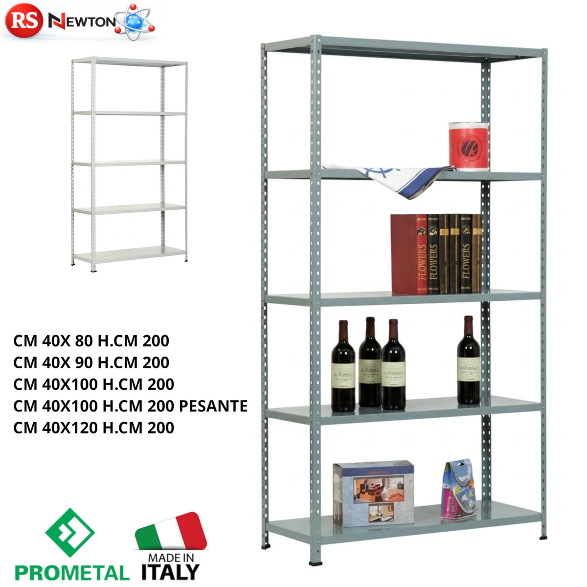 Scaffale Metallico PROMETAL 5 Ripiani 200cm Grigio Portata 400kg Aste Intere V.X