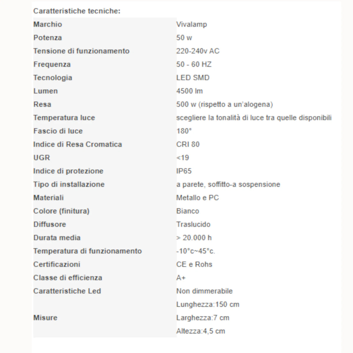 Plafoniera LED IP65 18W 36W 50W 60 120 150cm A+ Bianca Parete Soffitto 6500K V.L