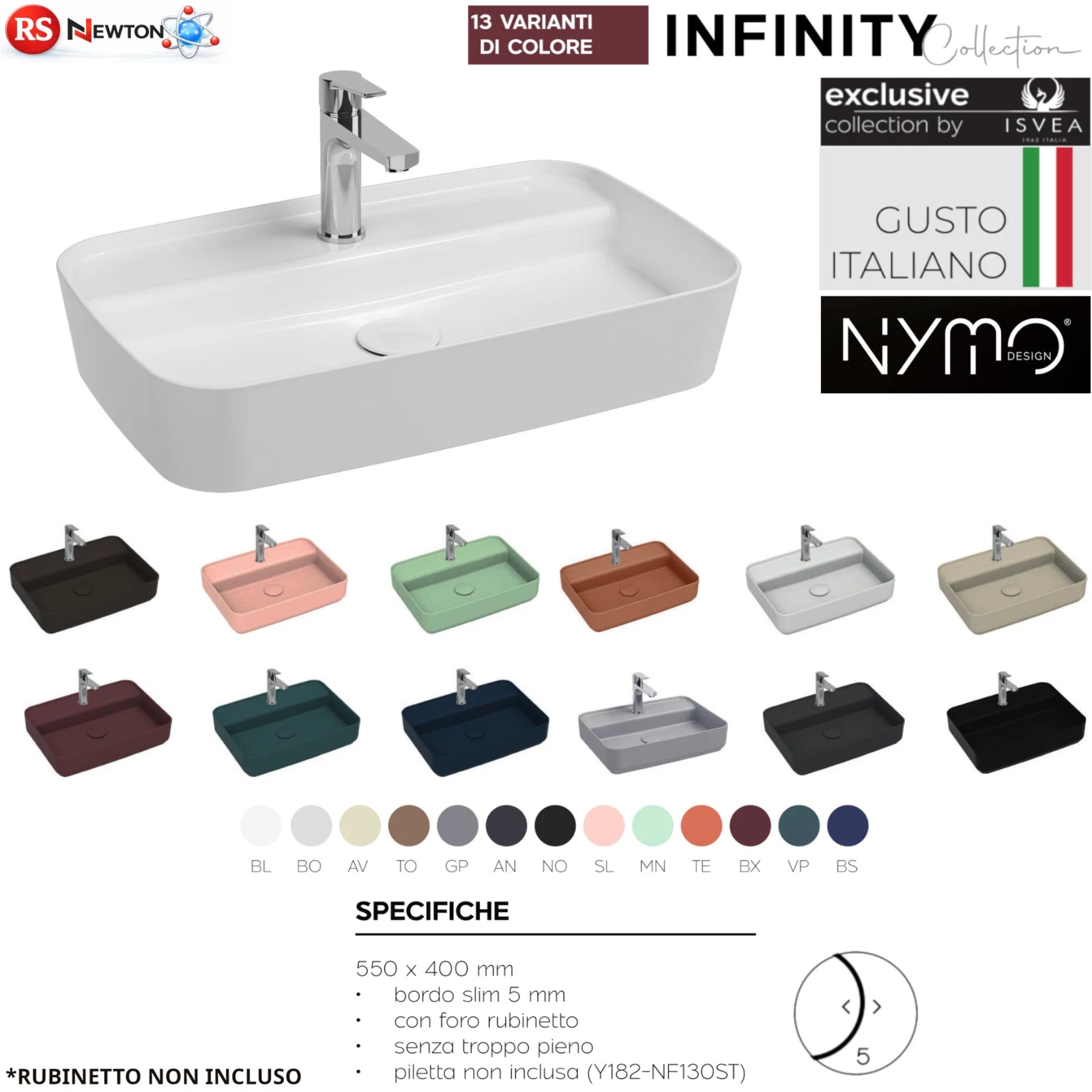 Lavabo d'Appoggio Rettangolare Ceramica NYMO 55x40 cm Foro Rubinetto Bagno D.X