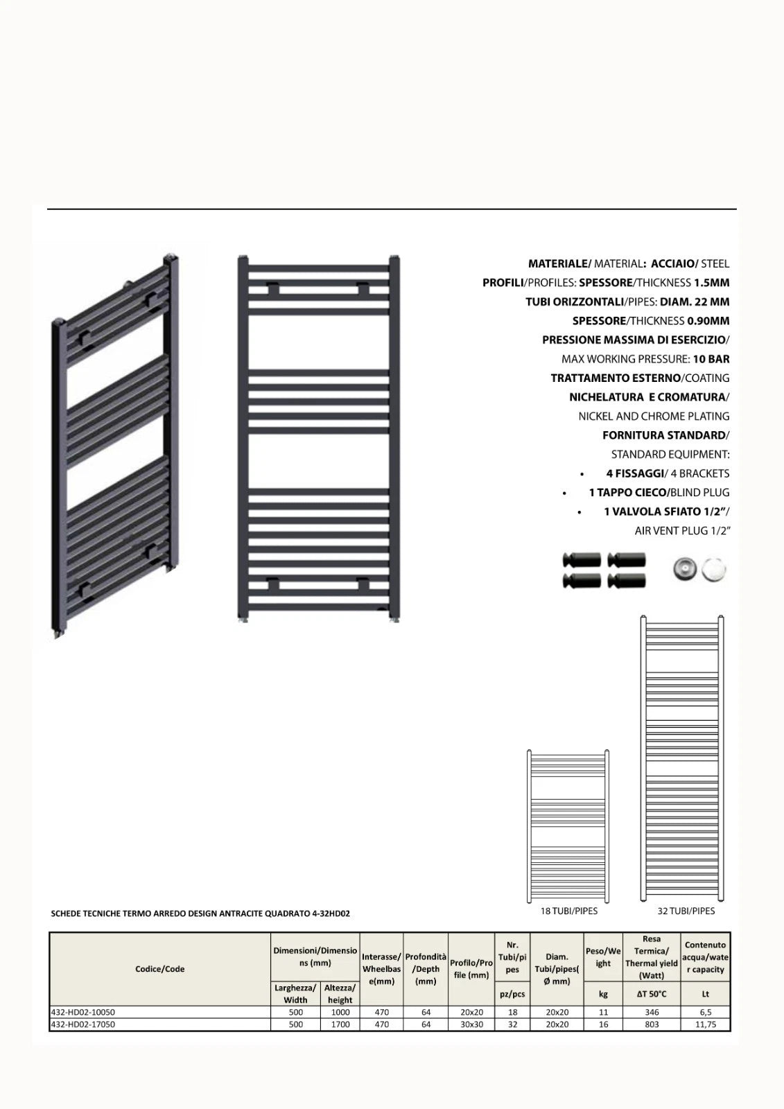 Termoarredo Nero Scaldasalviett<wbr/>e Bagno Tubi Quadrati Termosifone Moderno D.X
