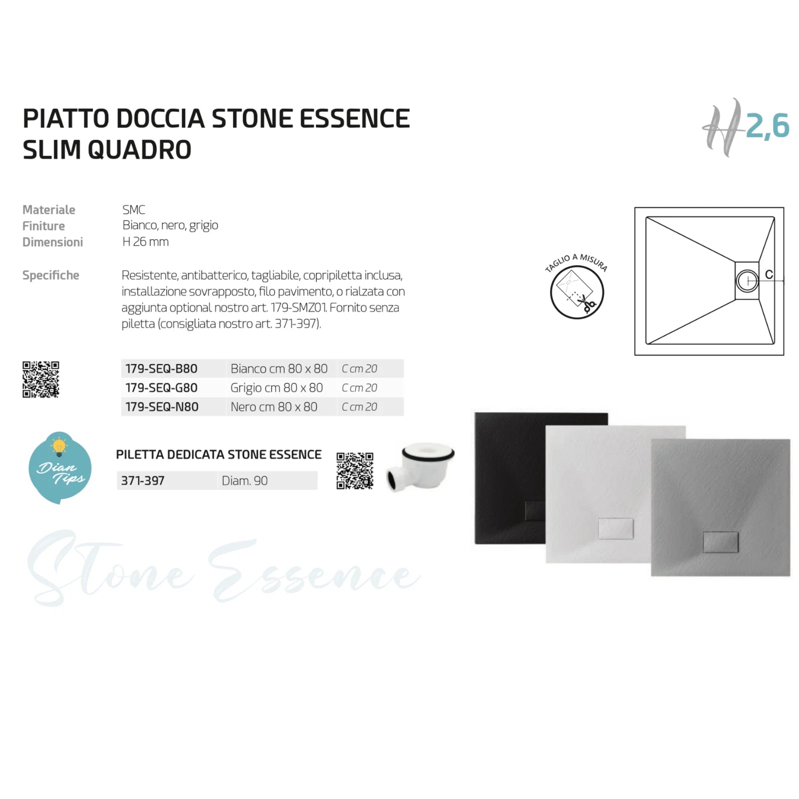 Piatto Doccia Quadrato 80x80 in SMC Antibatterico Effetto Pietra Slim Quadro D.X