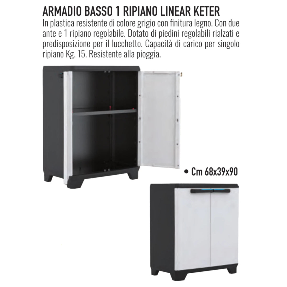 Armadio Basso KETER 2 Ante 1 Ripiano Plastica Grigio 68x39x90cm Per Esterno V.X
