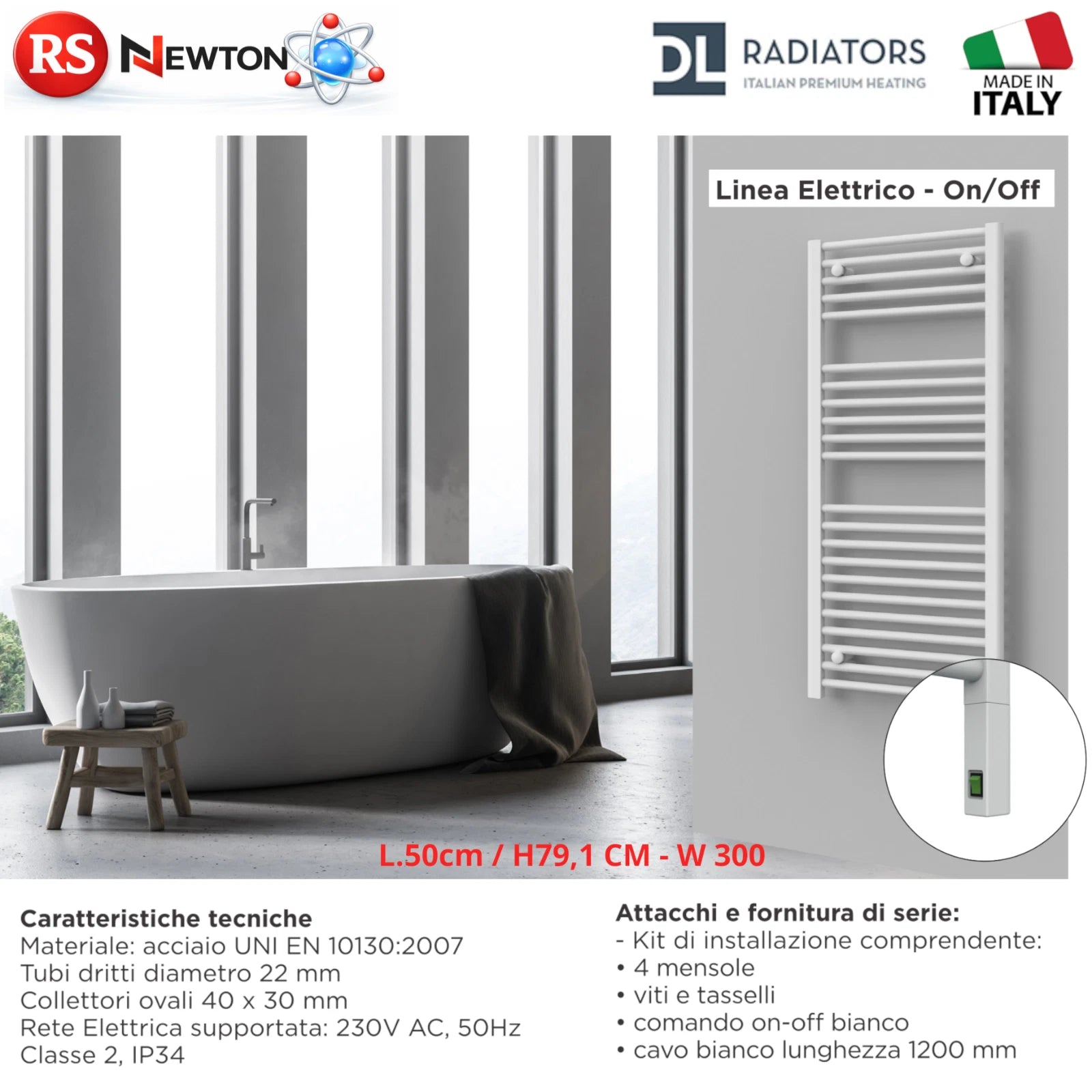 Termoarredo Elettrico 300W Scaldasalviett<wbr/>e Bagno Bianco 50cm On Off Acciaio D.X