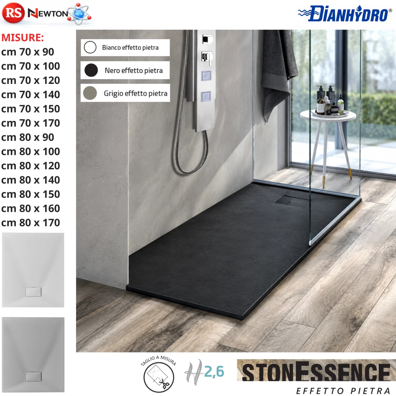 Piatto Doccia Rettangolare ESSENCE in SMC Antibatterico Effetto Pietra Slim D.X