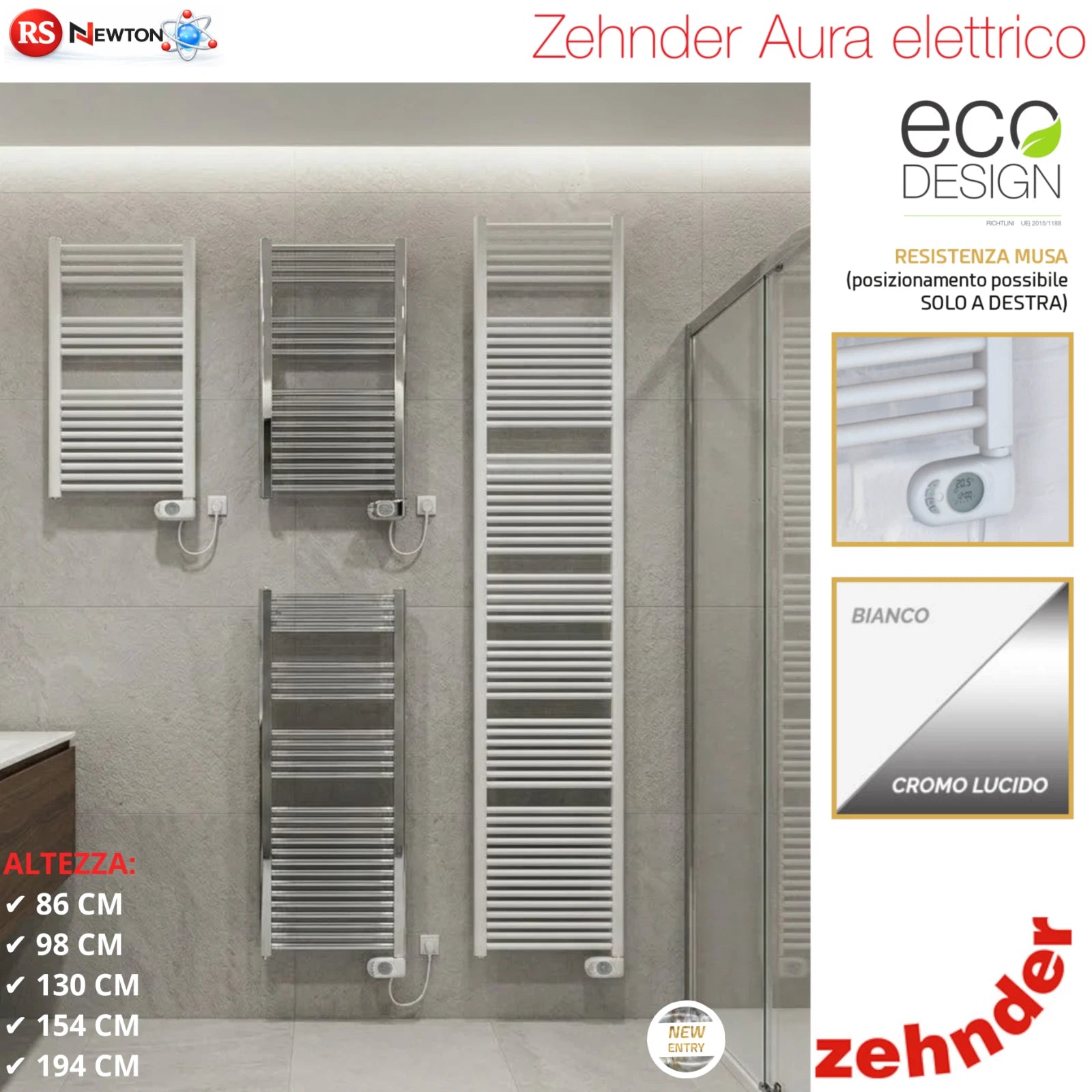 Termoarredo Elettrico ZEHNDER Scaldasalviett<wbr/>e Bagno Bianco Cromo 300W-1000W D.X