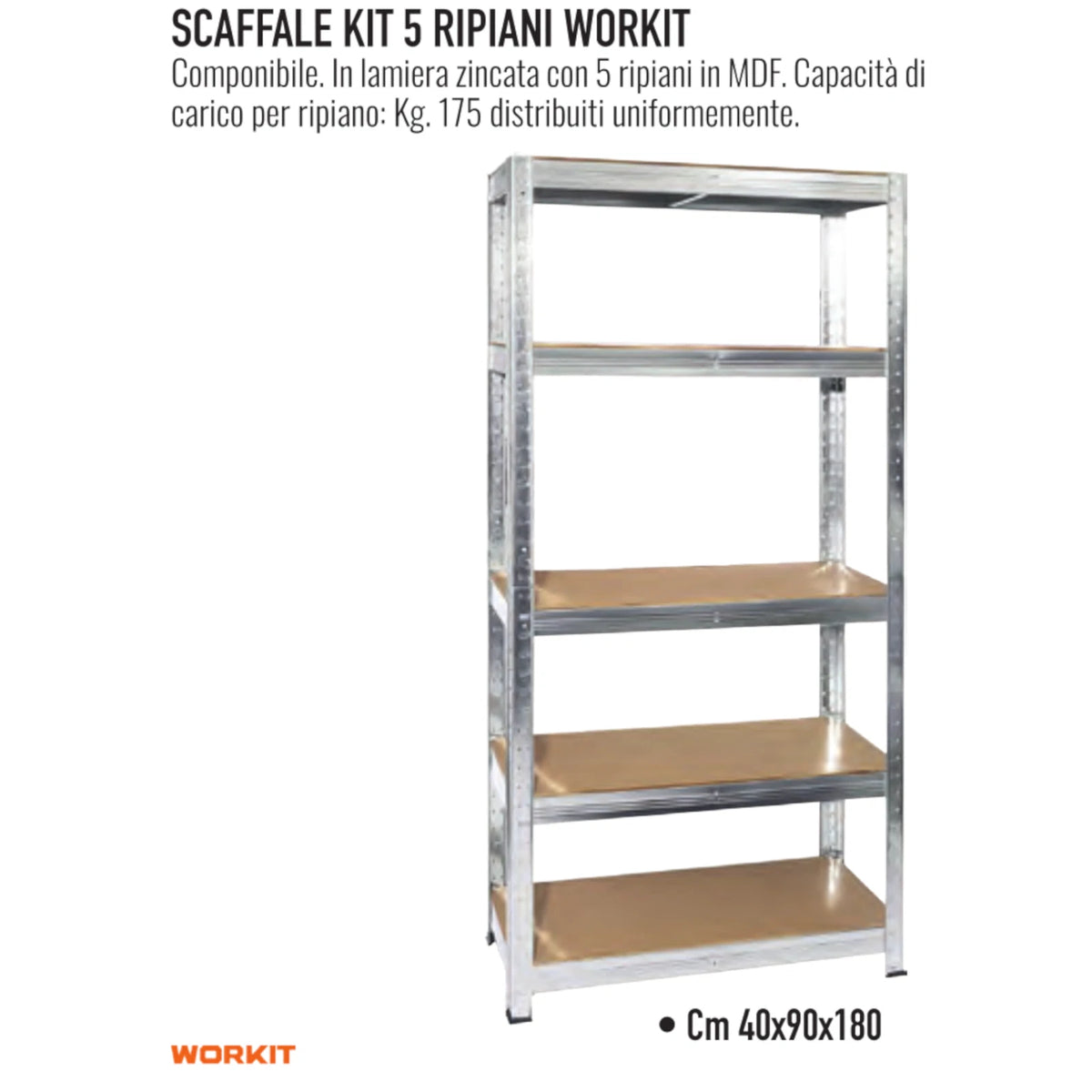 Scaffale Workit Zincato 5 Ripiani MDF 90x40x180 cm Portata 175 kg Scaffali V.X