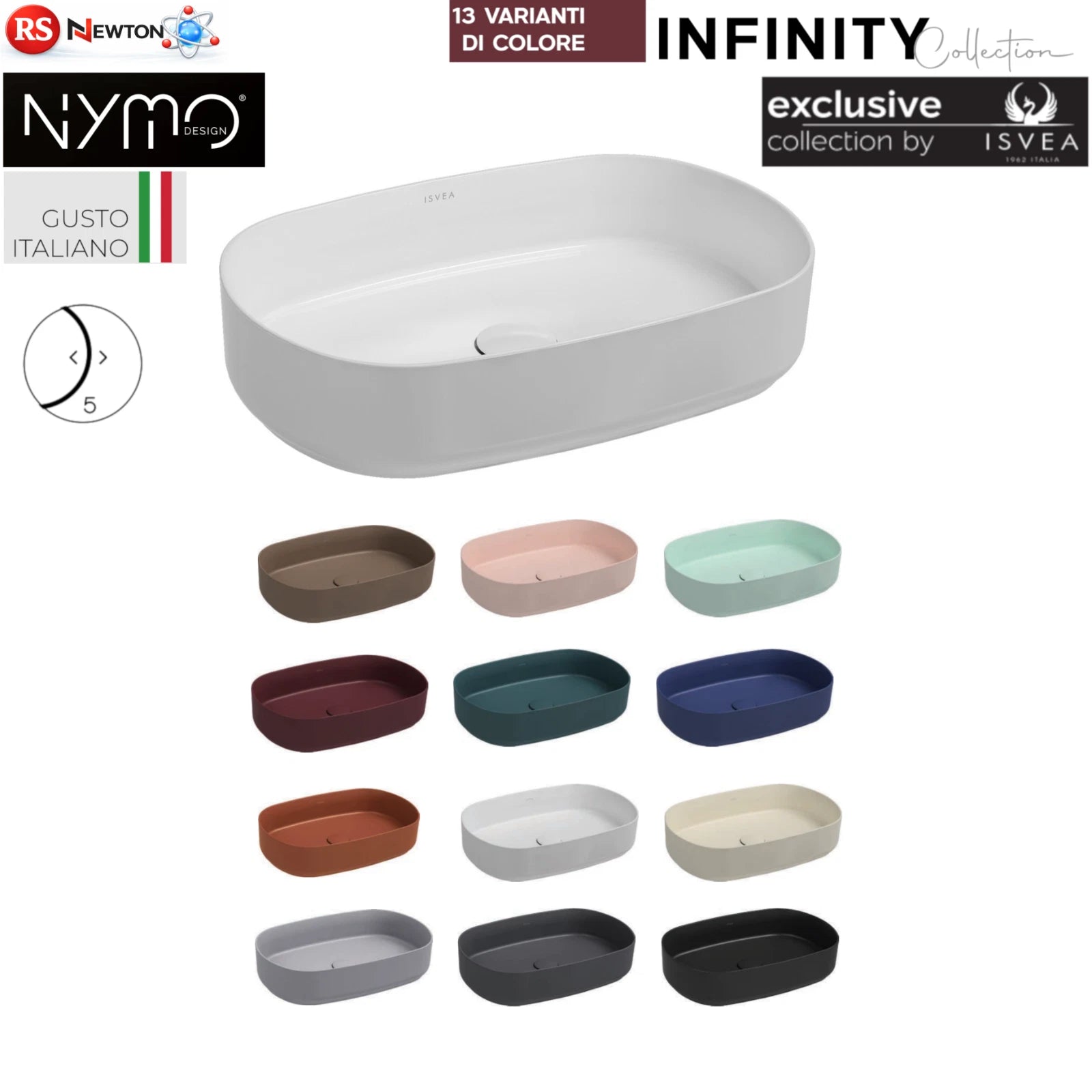 Lavabo Appoggio Ovale NYMO Infinity 55x36 cm Ceramica Senza Foro-Rubinetto D.X