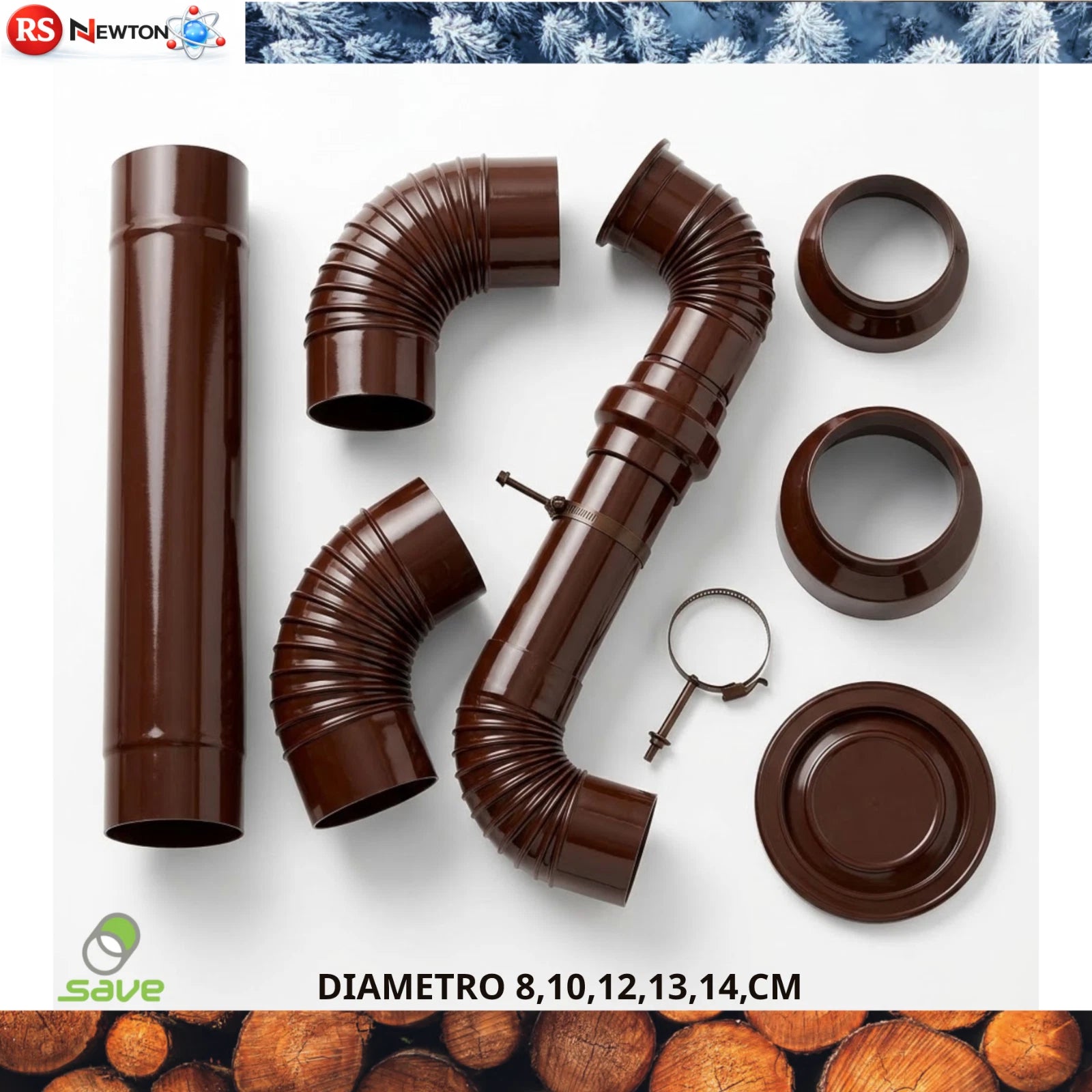 Canna Fumaria Tubo Stufa a Legna MARRONE Tubi Gomiti Scarico Fumi Ø 10-14 Cm V.X