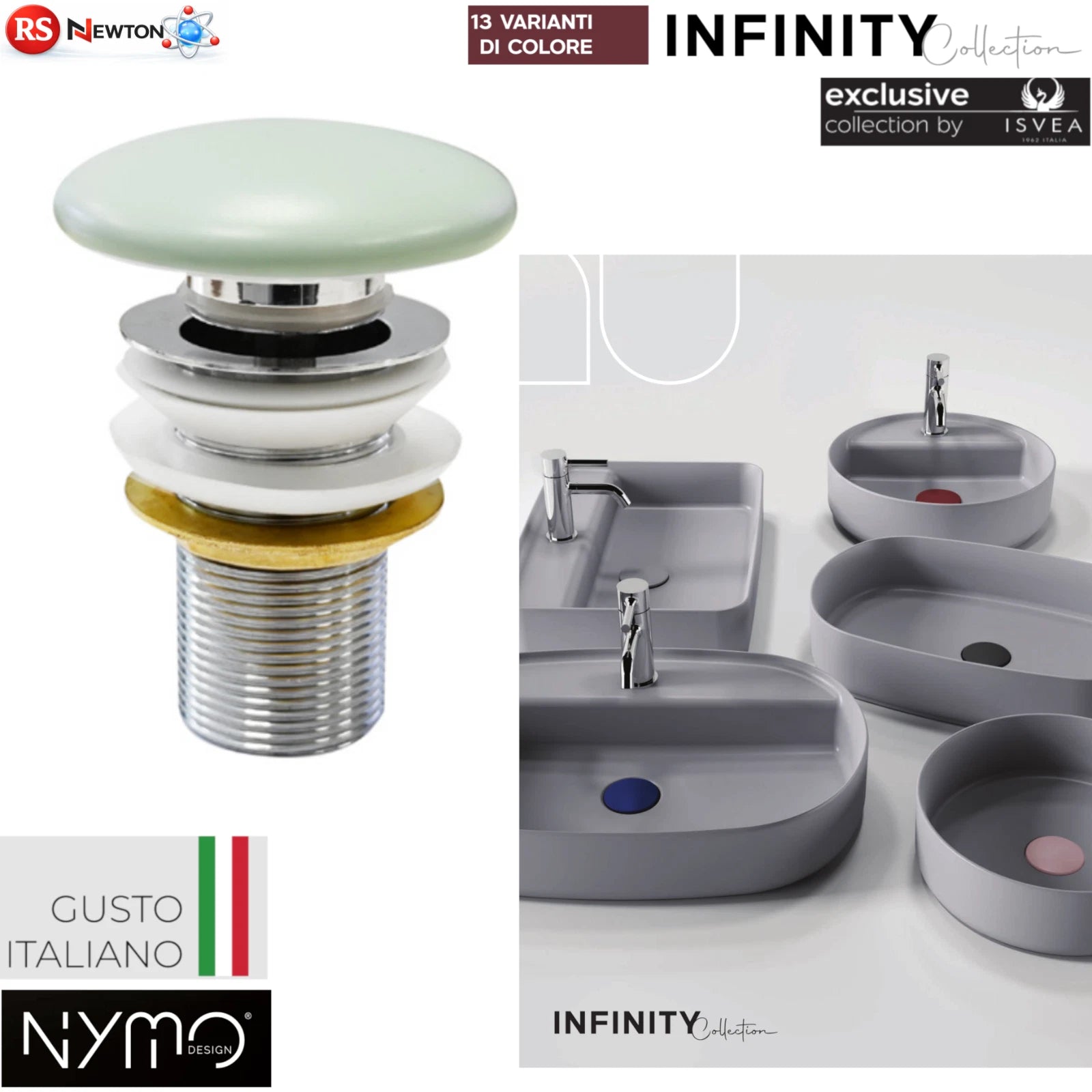 Piletta Click Clack Lavabo Infinity Senza Troppopieno Ø80 mm Tappo Ceramica D.X