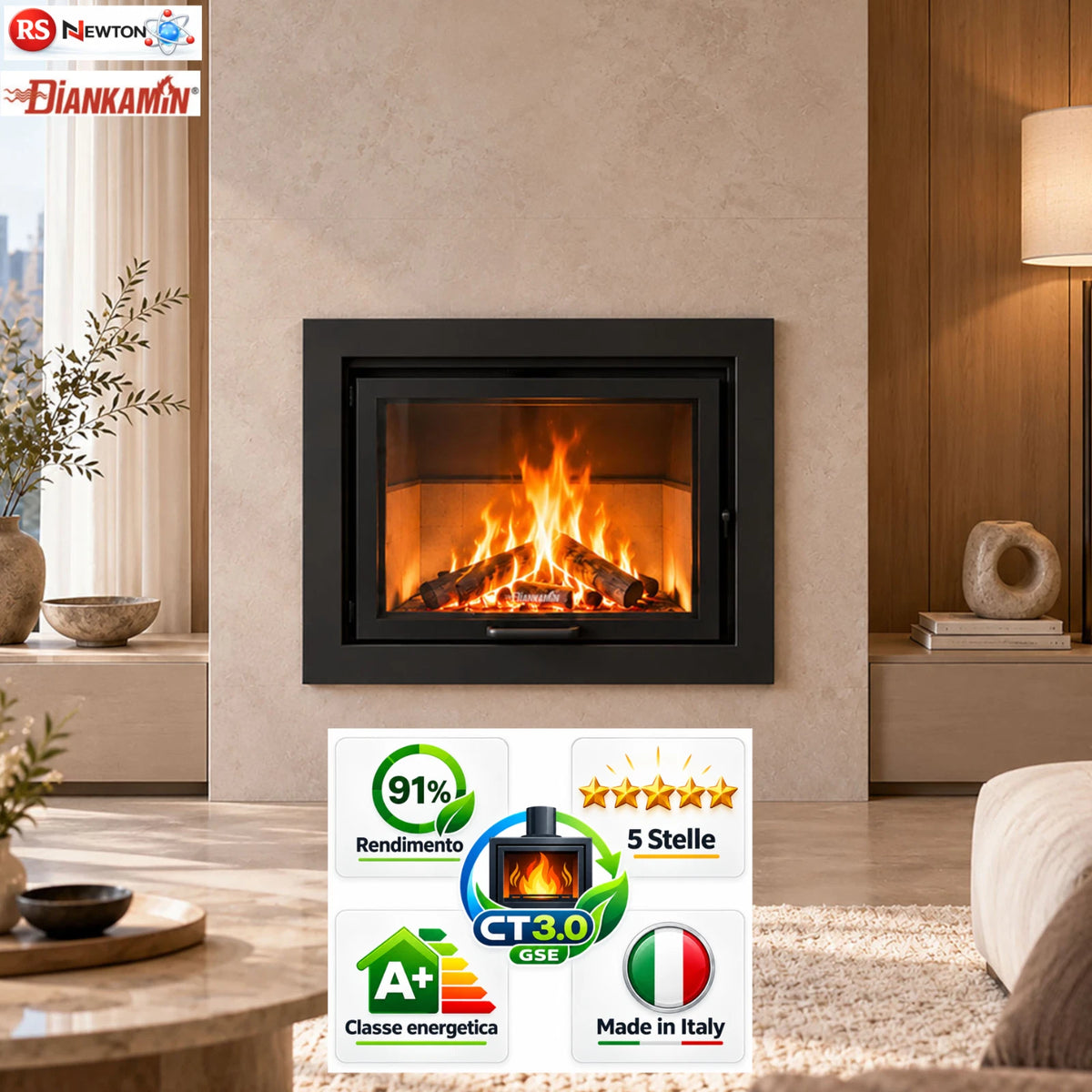 TERMOCAMINO A LEGNA 5 STELLE Classe A+ Scambiatore Stufa Porta Saliscendi DX