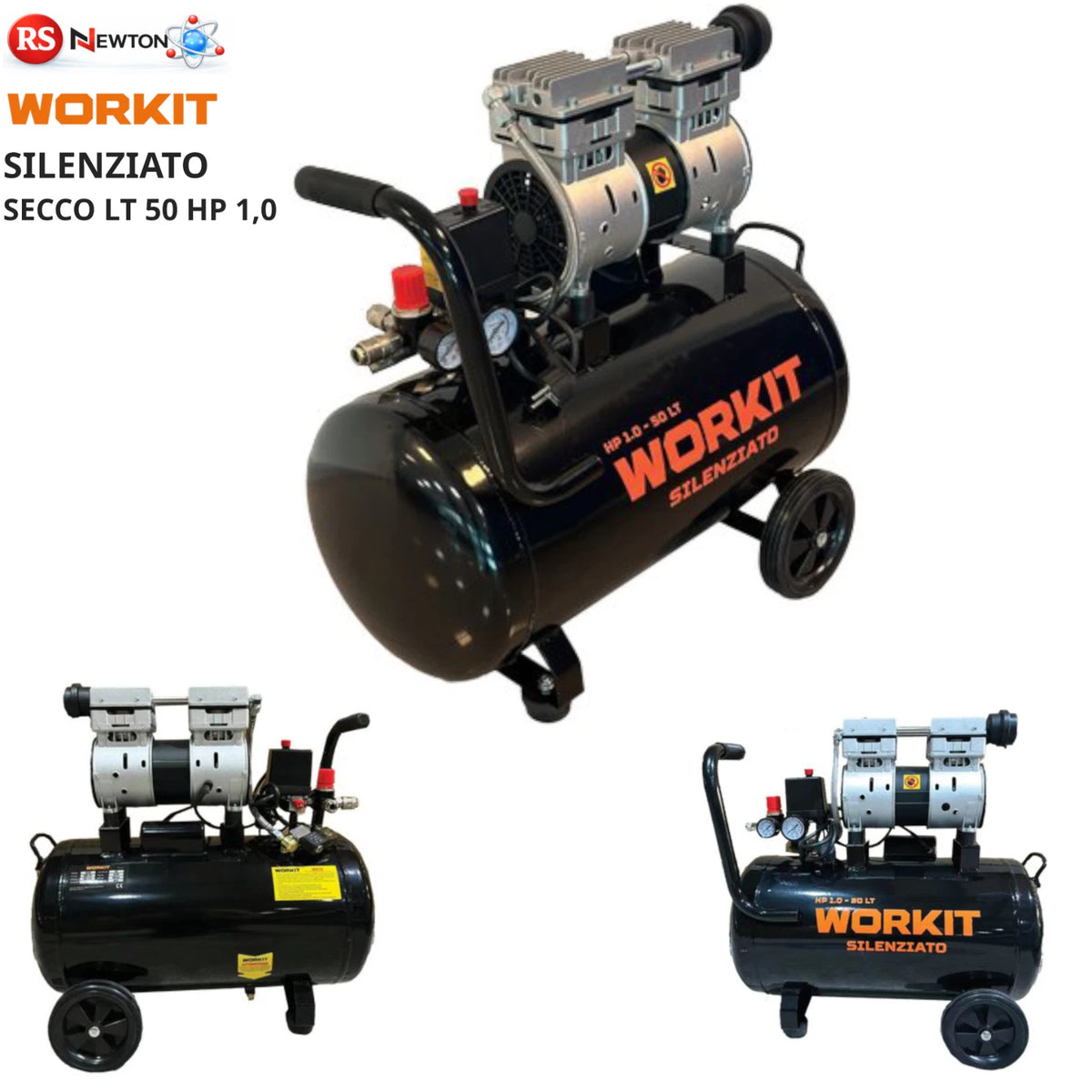 Compressore Silenziato WORKIT 50L 1HP 8 Bar 60 dB Senza Olio 230V Con Ruote V.X