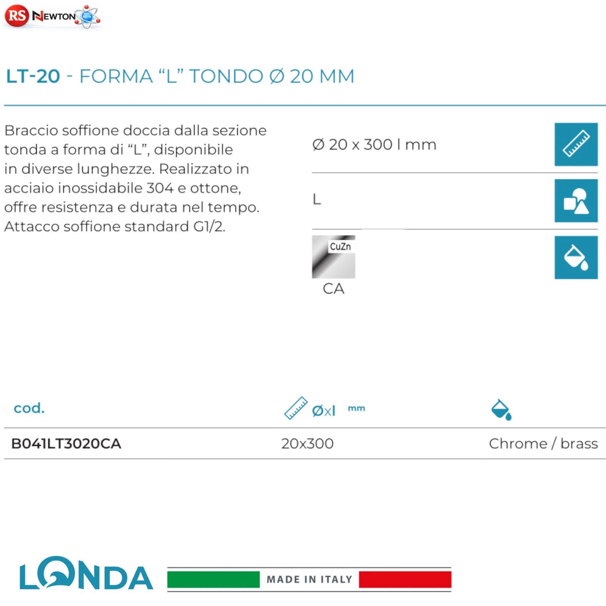 Braccio Doccia Soffione a L Tondo Ø20 mm 300 mm Cromo Ottone Inox G1/2 LONDA