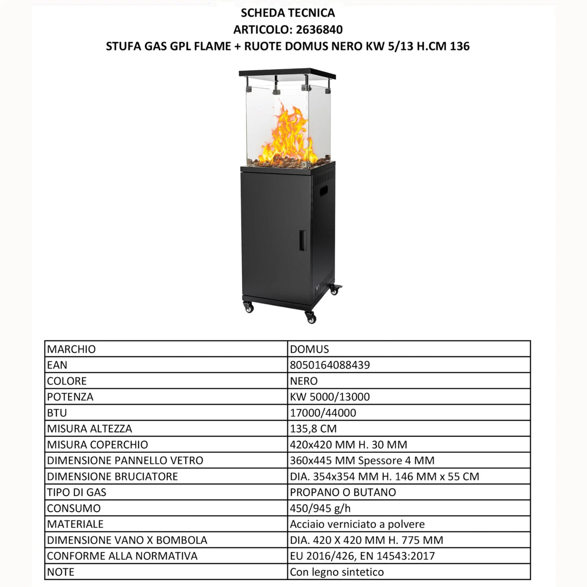 Stufa a Gas GPL Flamex Domus 5-13 kW con Ruote Fiamma 360 Nero Bianco Modern V.X