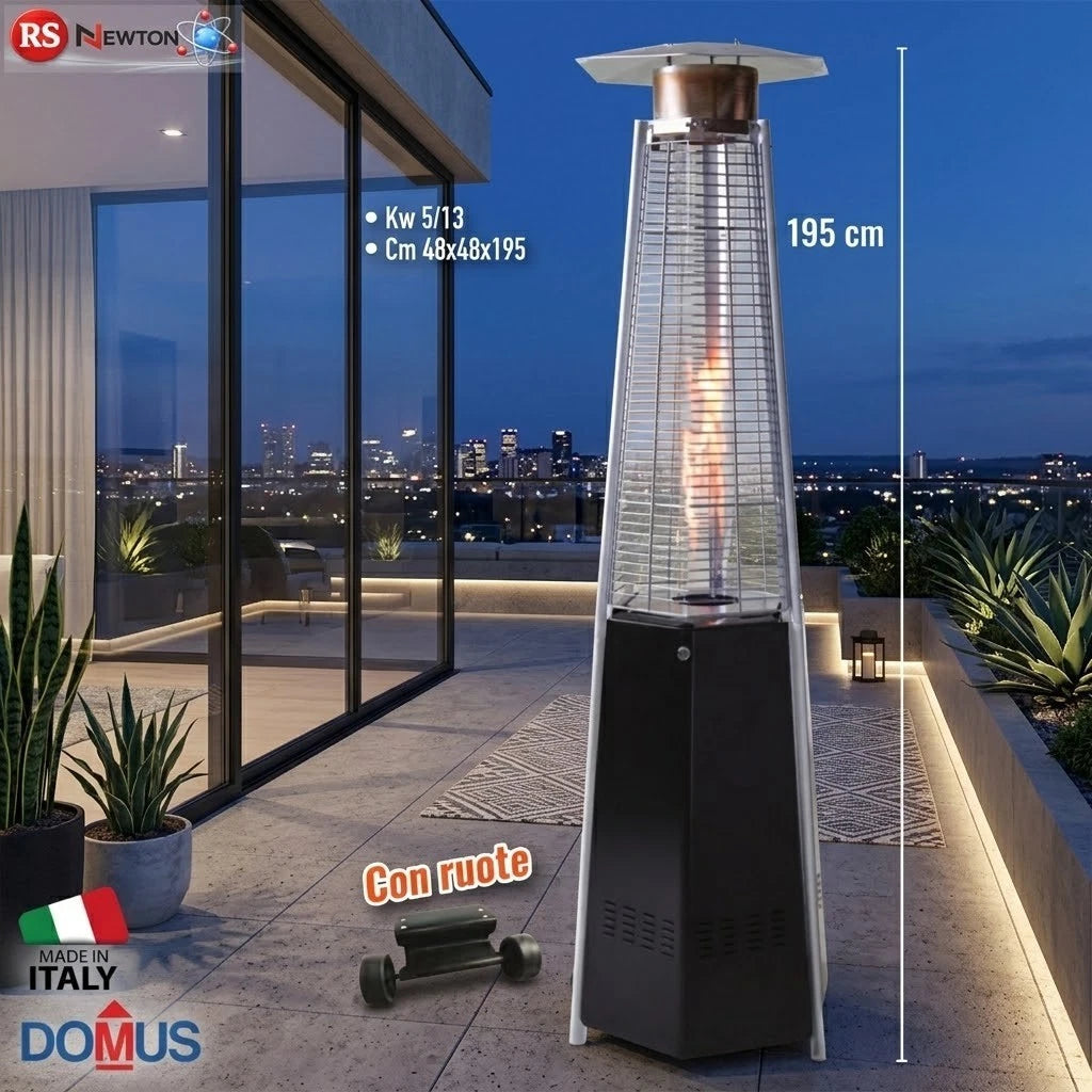 Stufa a Gas GPL Piramide Esagonale 12 kW Nera con Ruote H195 cm Per Esterno V.X