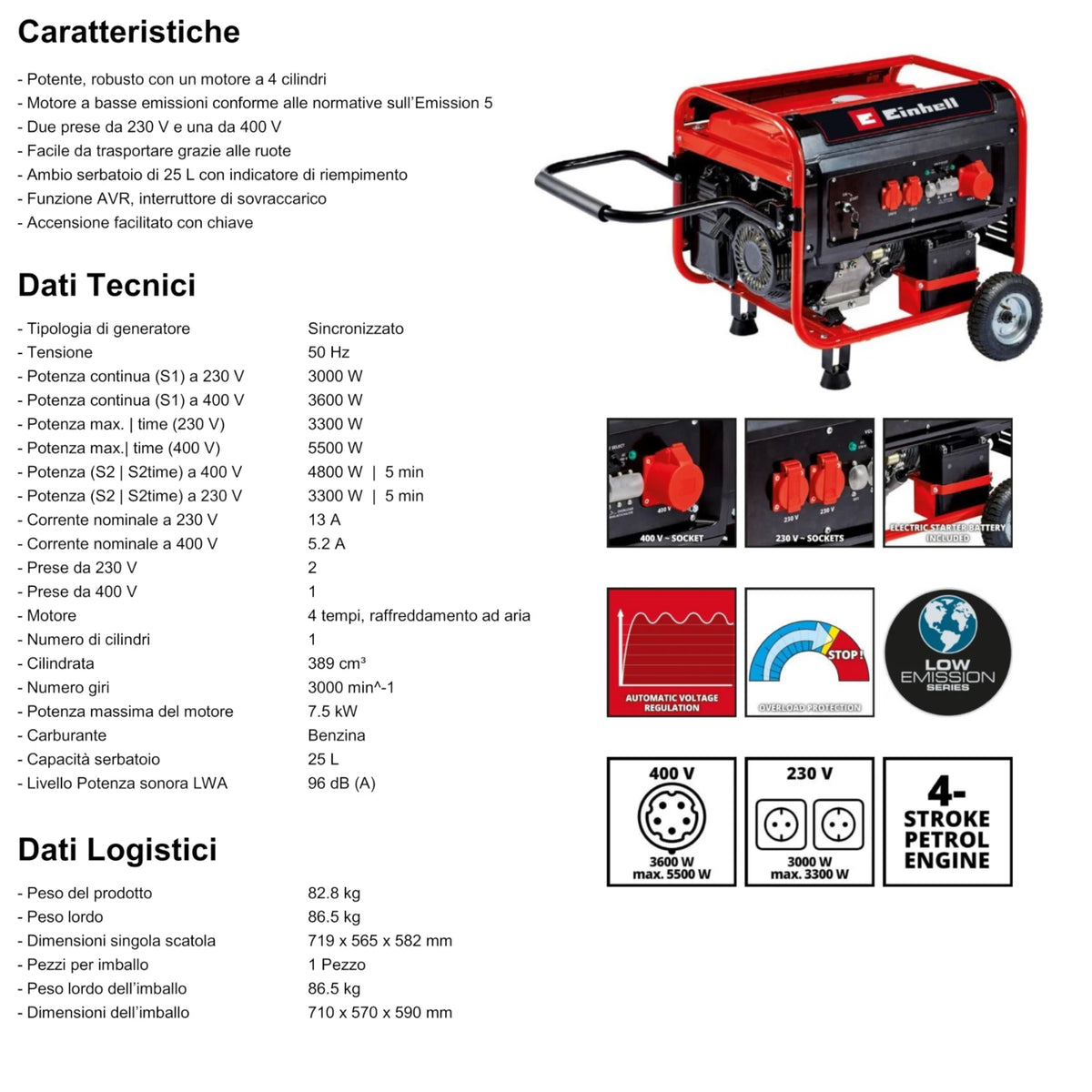Generatore di Corrente Einhell TC-PG 5500W Benzina AVR 230V 400V Trifase V.X