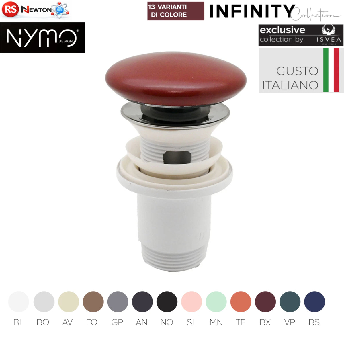 Piletta Click Clack Bidet Infinity con Troppopieno Ø72 mm Tappo Ceramica D.X