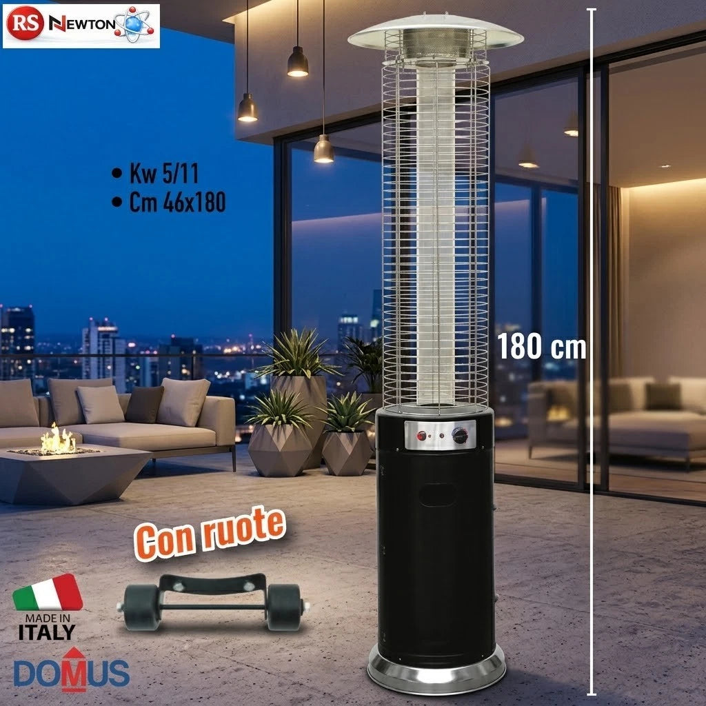 Stufa Gas GPL Domus Round Patio 11 kW con Tubo in Vetro e Ruote Nera H180 cm V.X